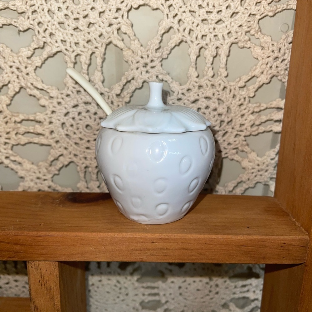 White Ceramic Strawberry Jam Pot with Spoon